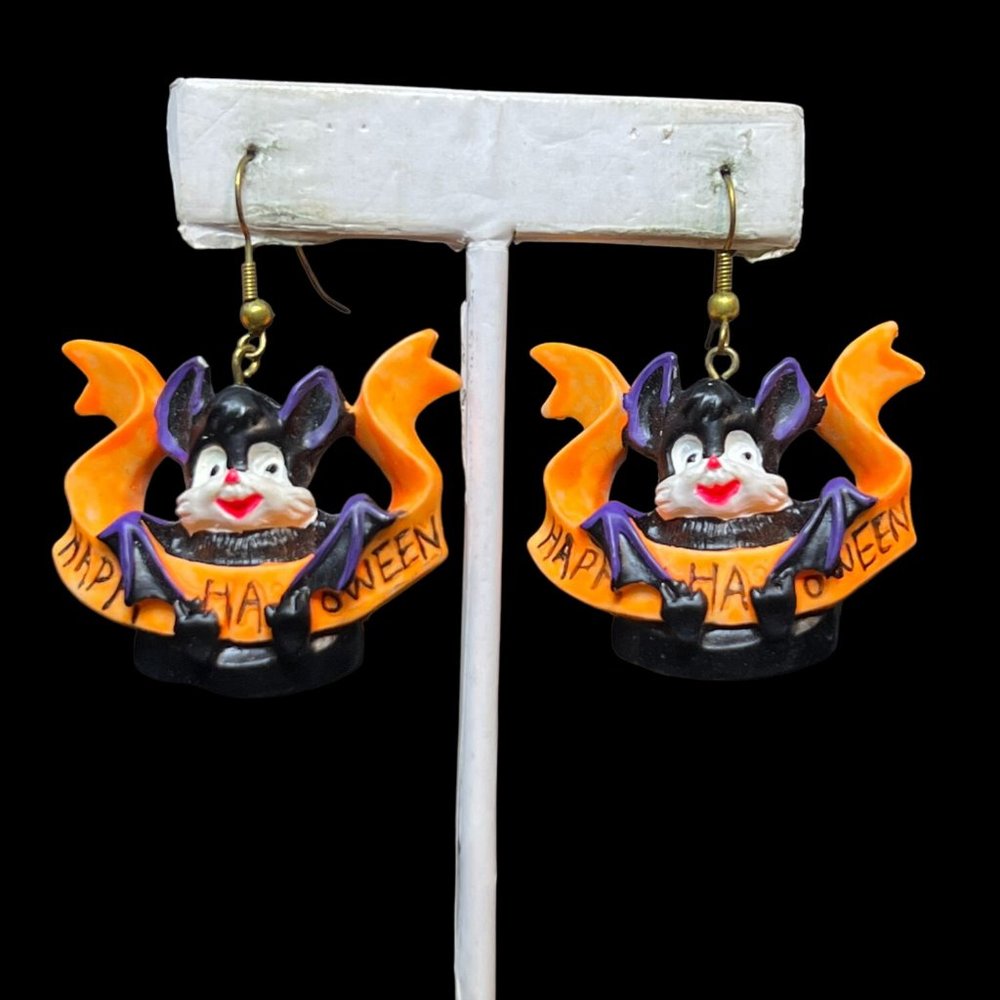 Large Happy Halloween Bat Pierced Earrings (3903)